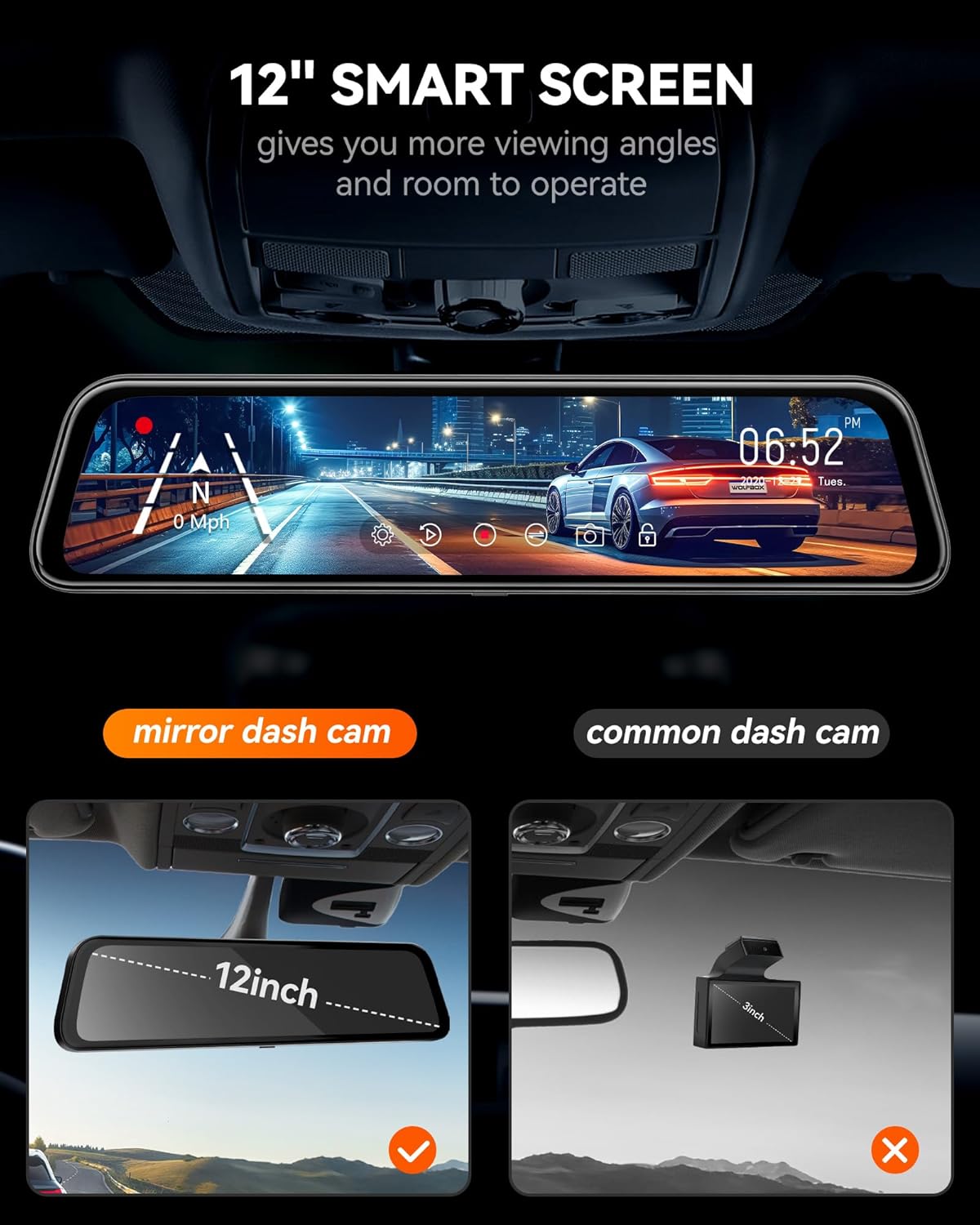 12'' 4K Mirror Dash Cam with Front & Rear Cameras, 2160P HD Smart Rearview, Night Vision, Parking Assist, GPS & 32GB Card Included