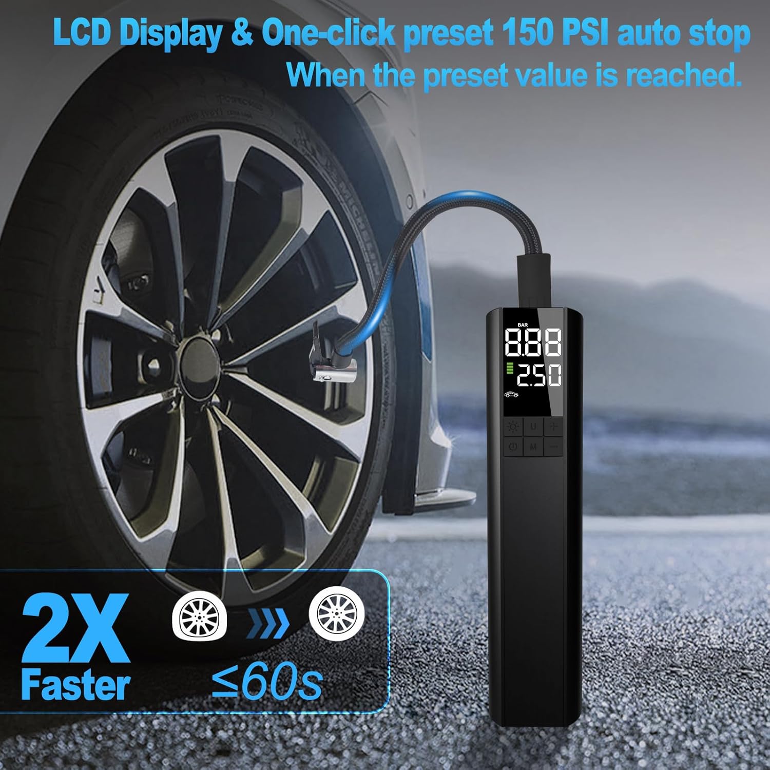 Portable Cordless Tire Inflator – 150PSI Air Compressor with Digital Display, Built-In Pressure Gauge, Fast Inflation for Car, Bike, Motorcycle & Sports Balls