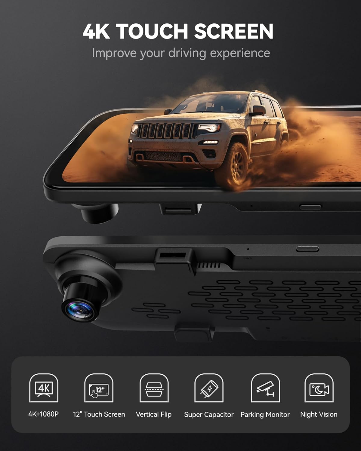 12'' 4K Mirror Dash Cam with Front & Rear Cameras, 2160P HD Smart Rearview, Night Vision, Parking Assist, GPS & 32GB Card Included