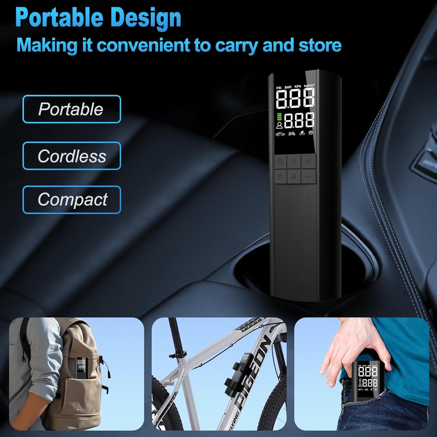 Portable Cordless Tire Inflator – 150PSI Air Compressor with Digital Display, Built-In Pressure Gauge, Fast Inflation for Car, Bike, Motorcycle & Sports Balls