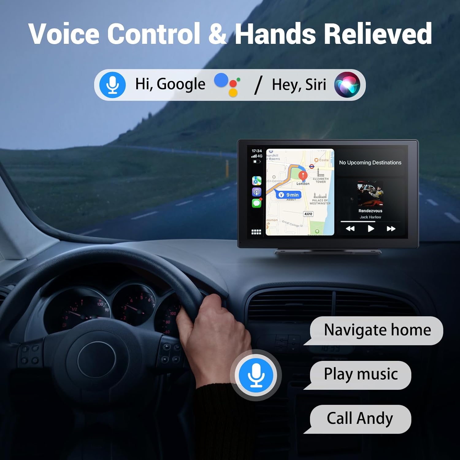 9'' Wireless Apple CarPlay & Android Auto Screen with 4K Dash Cam, 1080p Backup Camera, GPS Navigation, Voice Control, Mirror Link & Bluetooth