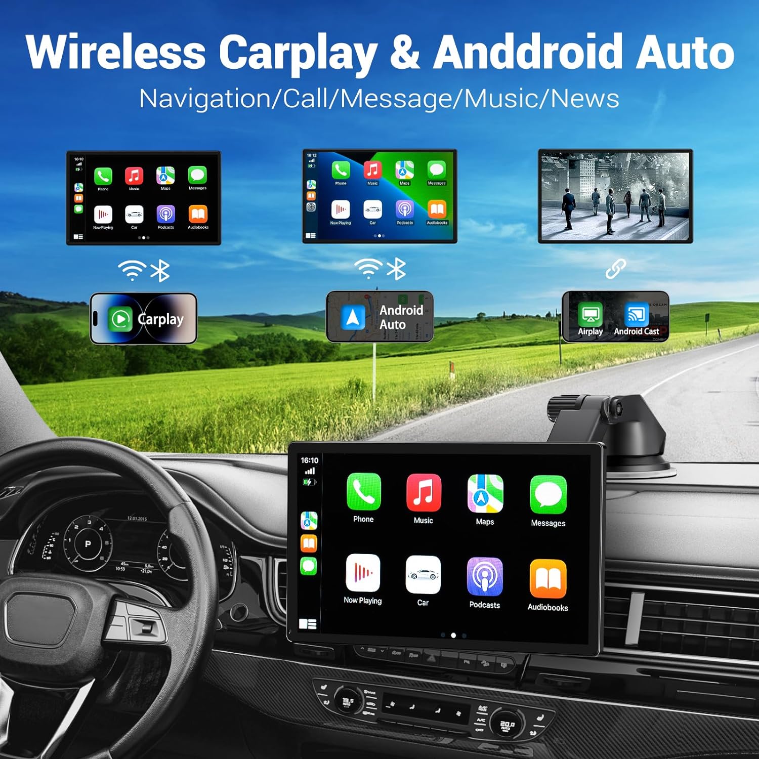9'' Wireless Apple CarPlay & Android Auto Screen with 4K Dash Cam, 1080p Backup Camera, GPS Navigation, Voice Control, Mirror Link & Bluetooth