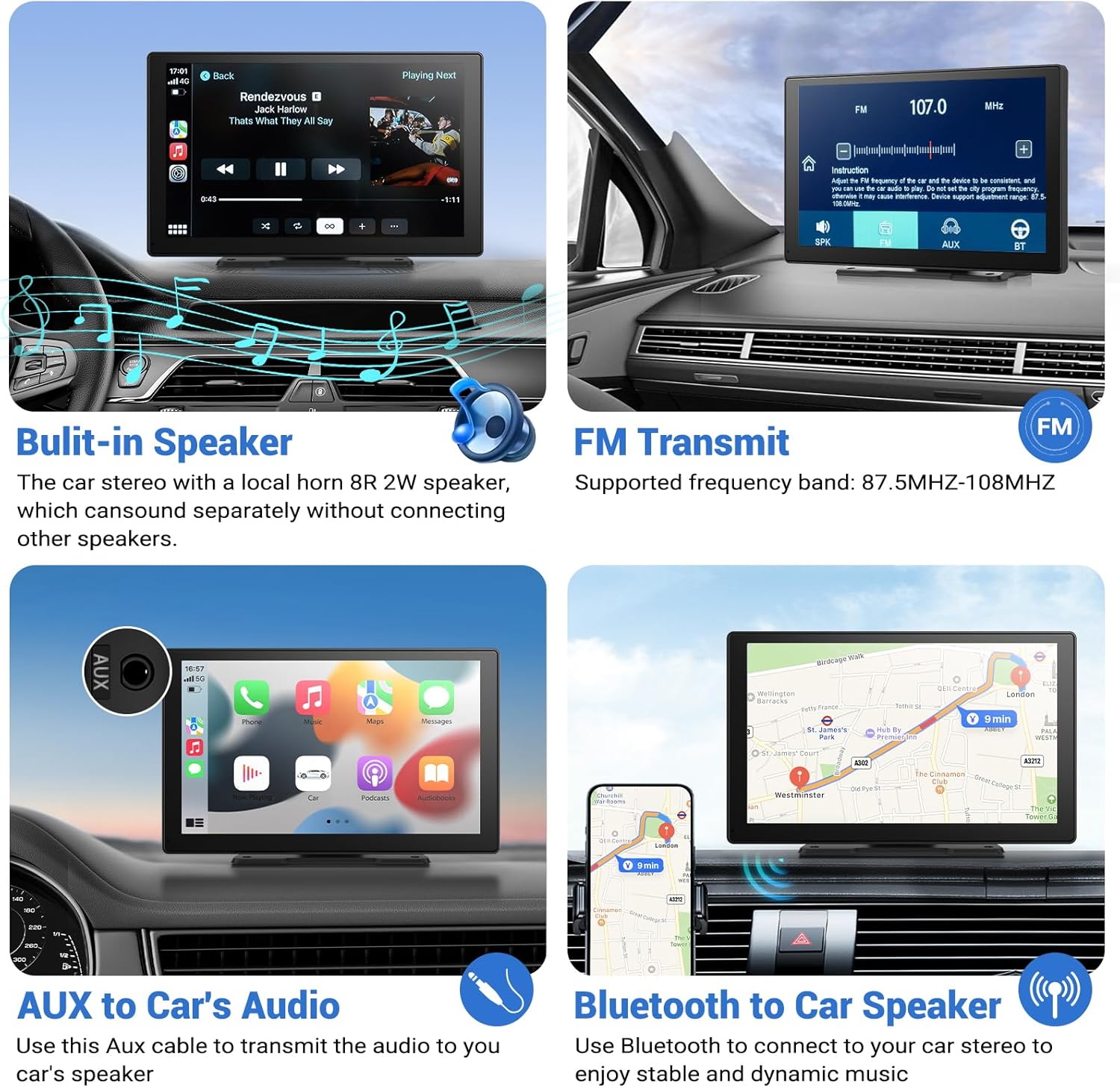 9'' Wireless Apple CarPlay & Android Auto Screen with 4K Dash Cam, 1080p Backup Camera, GPS Navigation, Voice Control, Mirror Link & Bluetooth