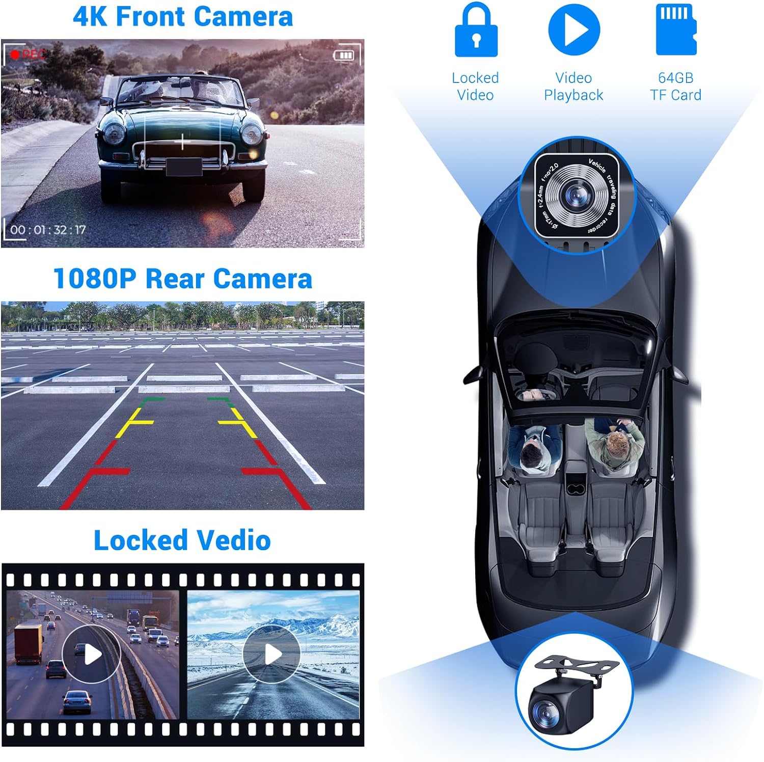 9'' Wireless Apple CarPlay & Android Auto Screen with 4K Dash Cam, 1080p Backup Camera, GPS Navigation, Voice Control, Mirror Link & Bluetooth